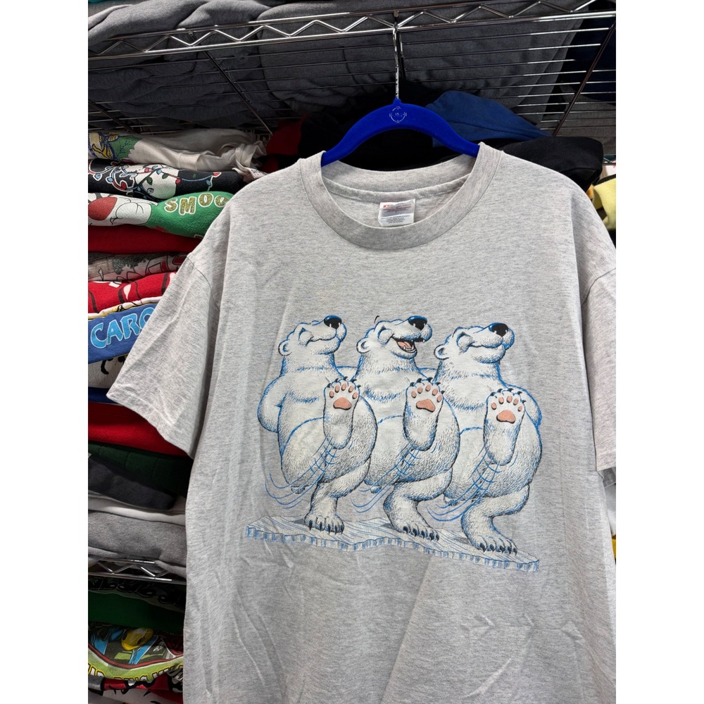 Vintage 90s Nature Single stitch Polar Bear Dancing Graphic Shirt Grey Men Large